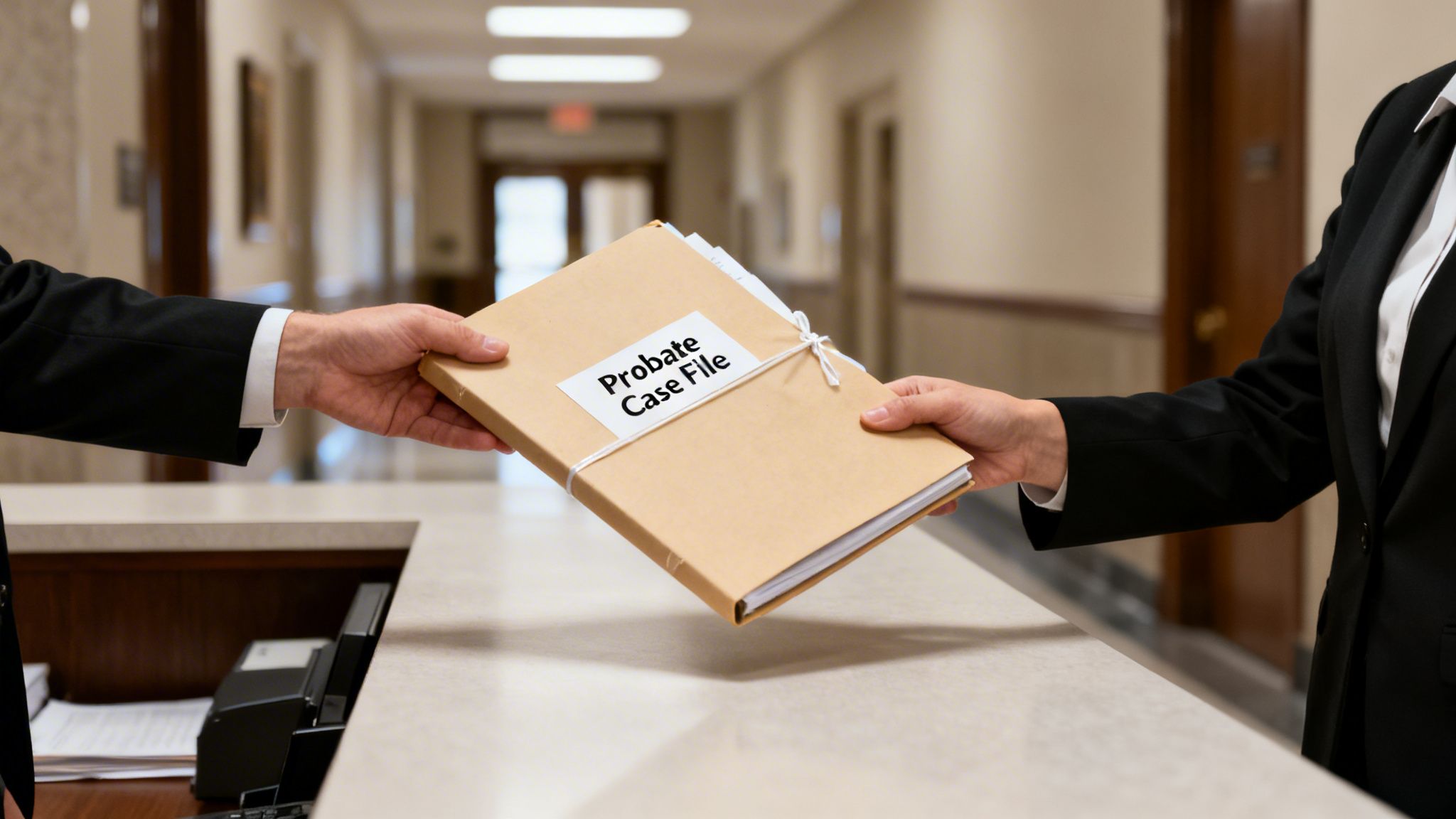 Two people in suits exchanging a 'Probate Case File' document over a counter in a legal office.