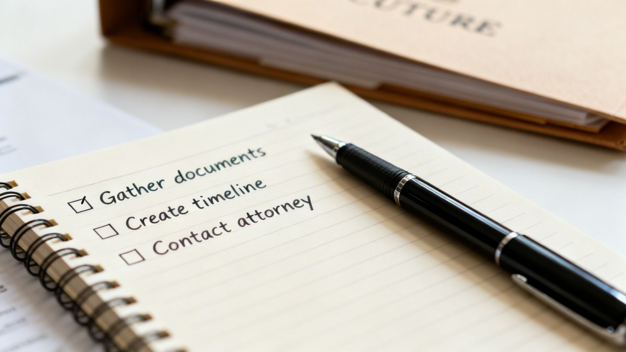 A notebook shows a checklist with 'Gather documents' checked, 'Create timeline', 'Contact attorney', and a pen.