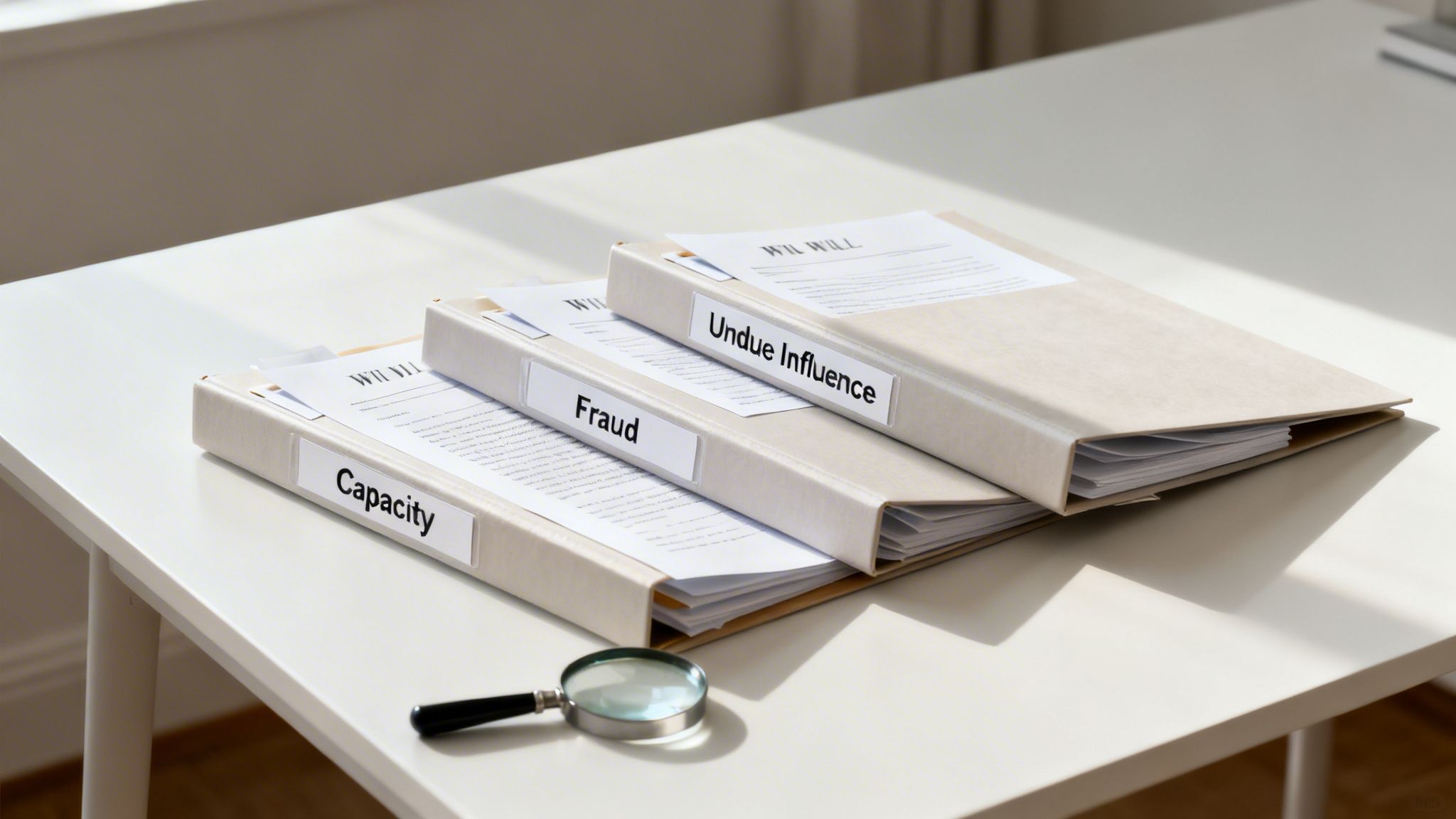 Three legal file folders labeled 'Capacity', 'Fraud', 'Undue Influence' with a magnifying glass on a desk.