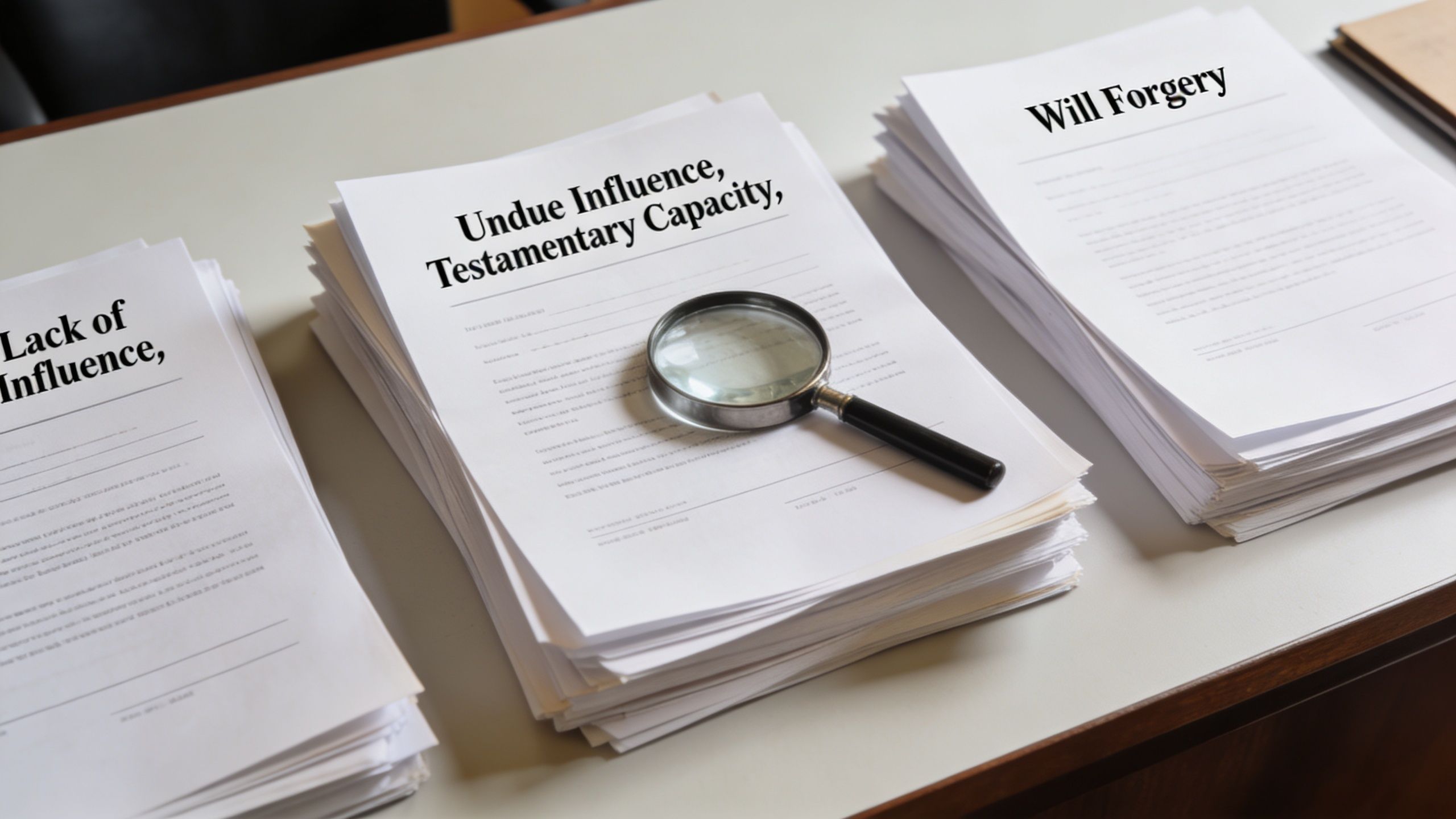 Legal documents regarding probate disputes with a magnifying glass resting on a stack of court papers.