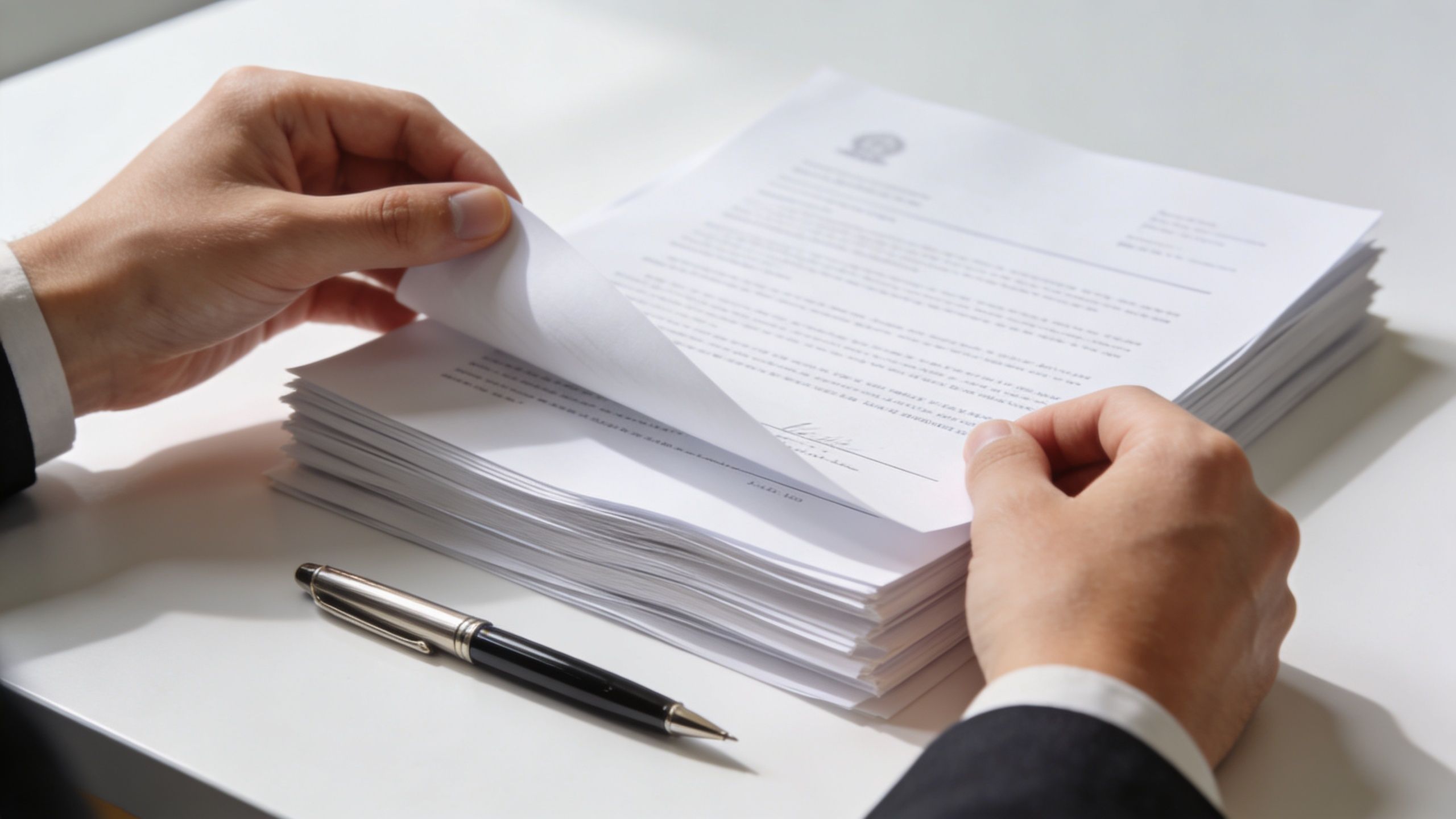 A close-up view of a person in a suit reviewing a stack of legal documents and signing paperwork.