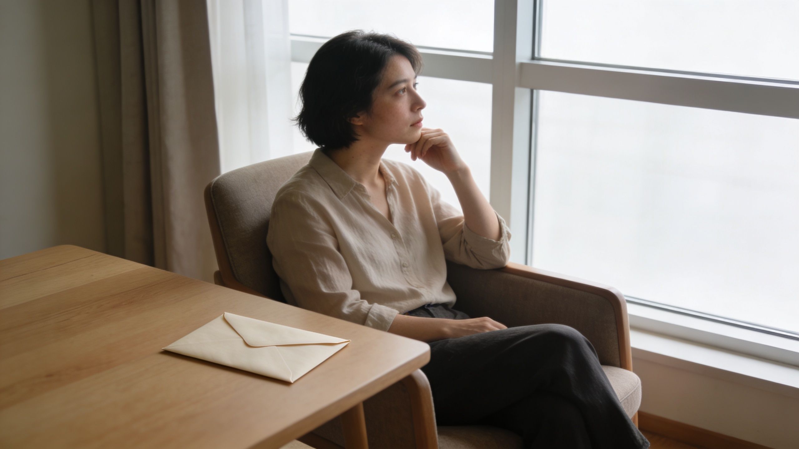 A contemplative woman sitting in a chair by a window near an envelope on a wooden table.