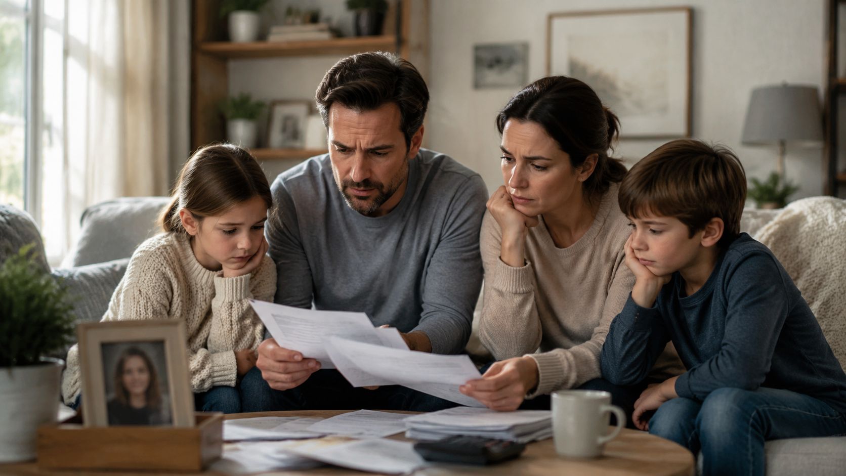 A concerned family sitting together at home reviewing financial documents and paperwork with worried expressions.