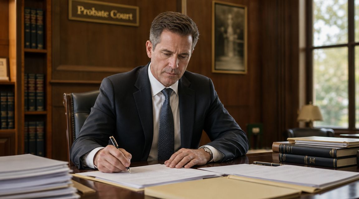 A professional judge wearing a suit signs important legal documents inside a courtroom.
