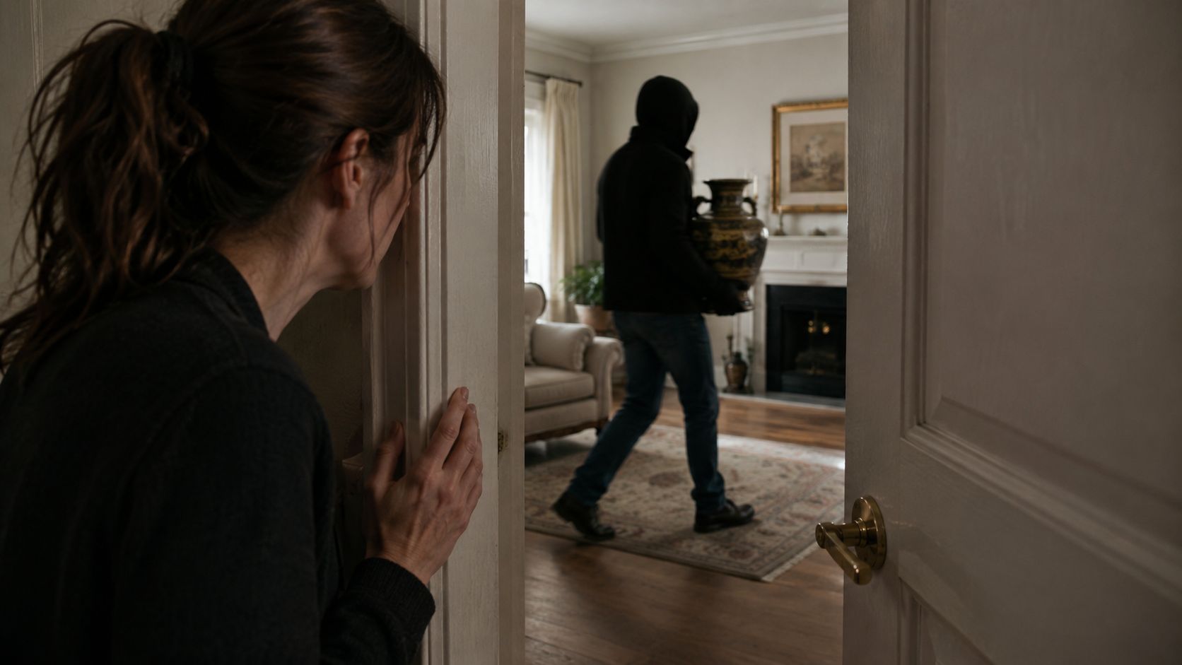 A woman peeking through a doorway at a hooded burglar stealing a decorative vase from her home.