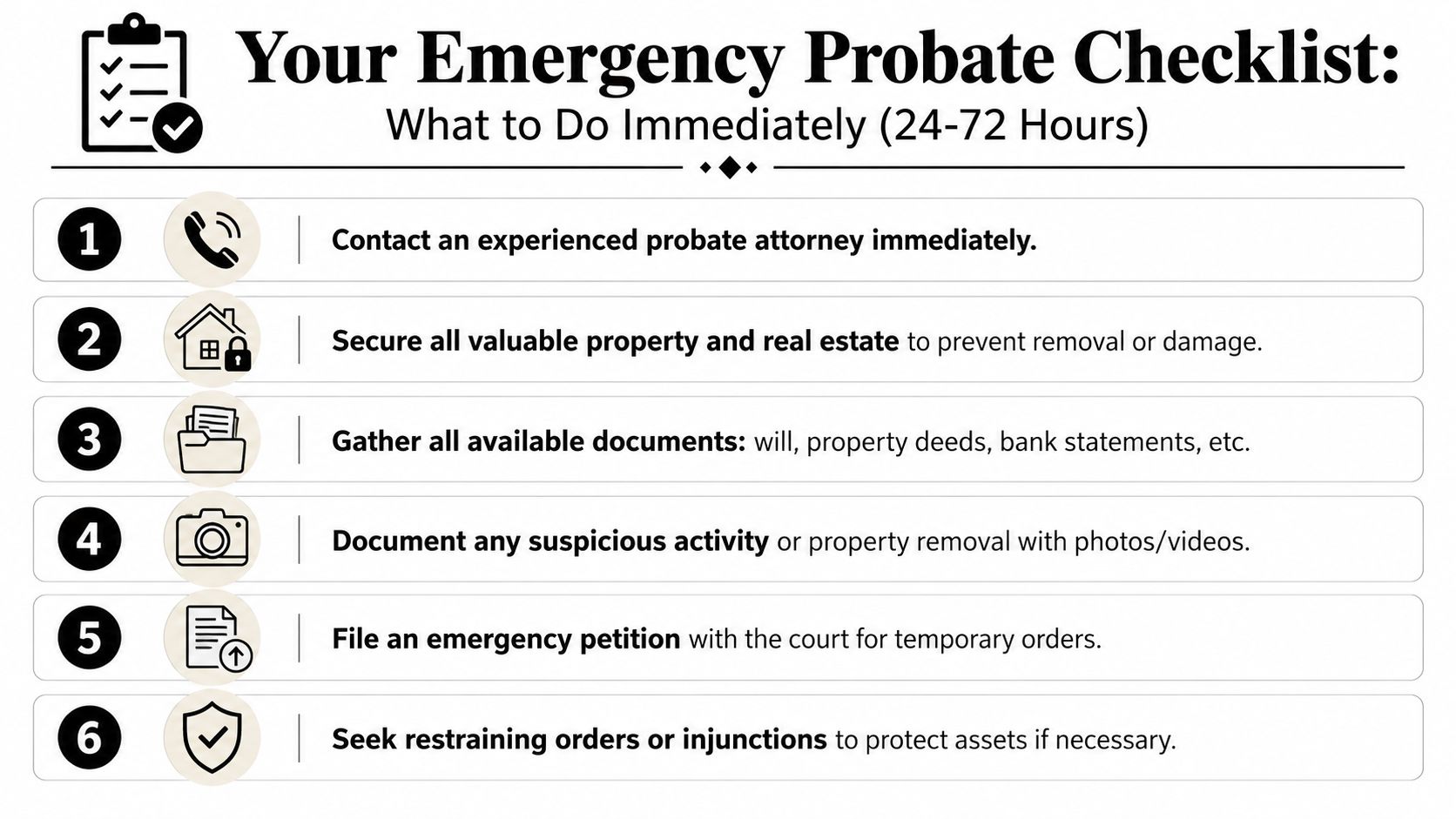 A checklist infographic titled Your Emergency Probate Checklist, outlining six immediate steps for legal property protection.