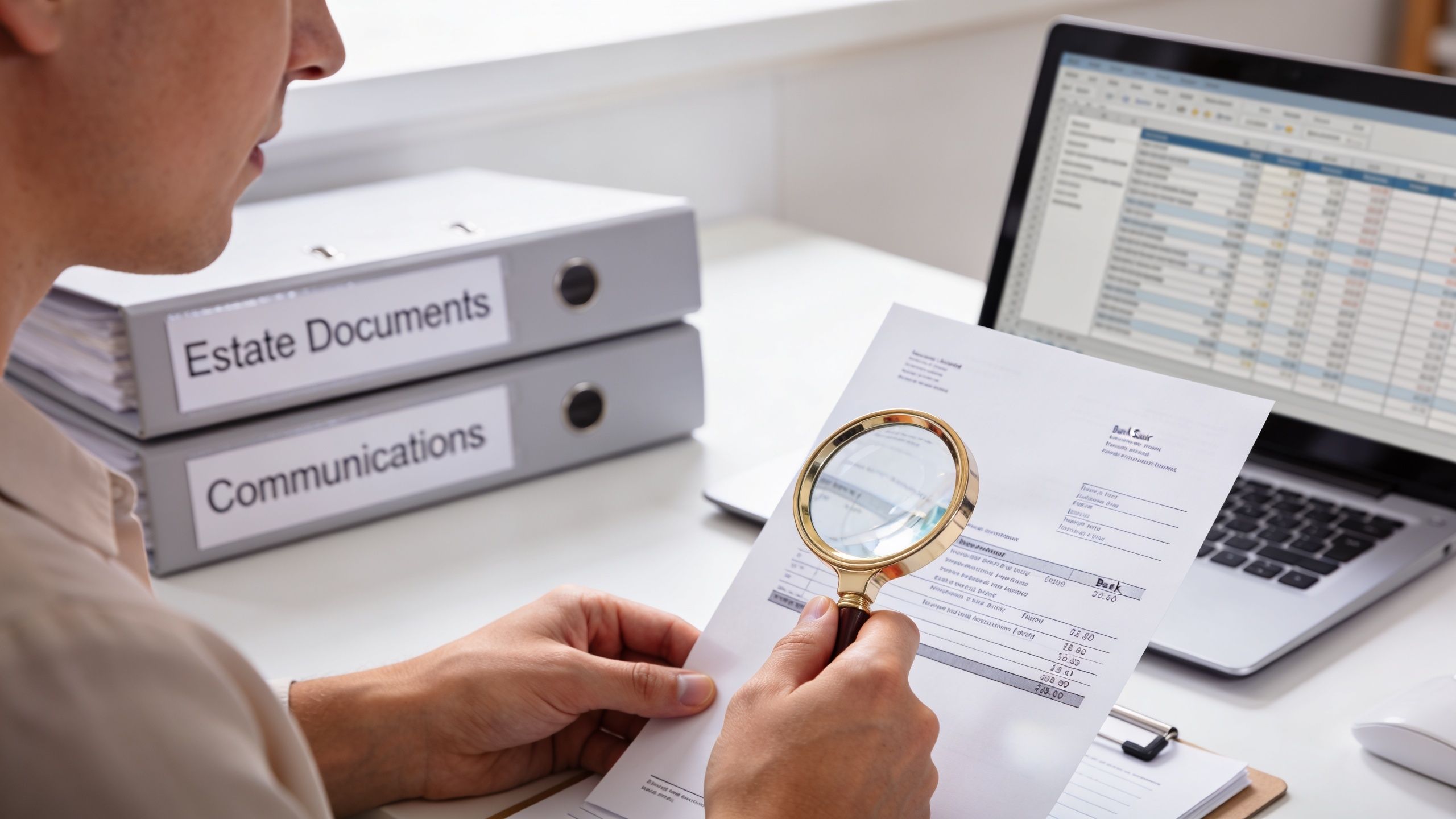 A person examining estate documents with a magnifying glass while reviewing financial spreadsheets on a laptop computer.