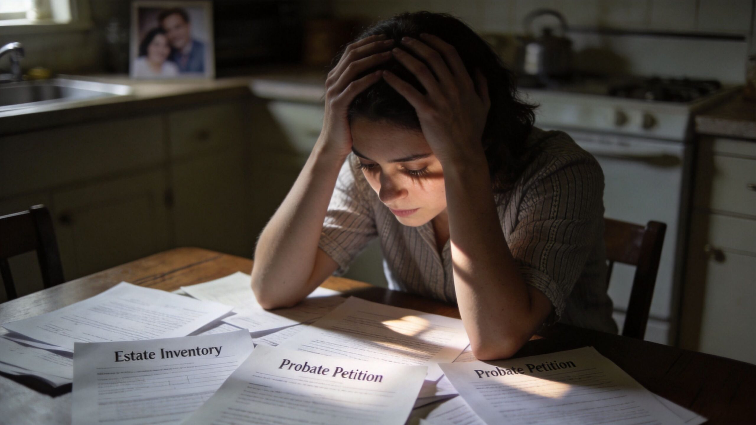 A woman sits at a table appearing distressed while looking at probate petition and estate inventory paperwork.