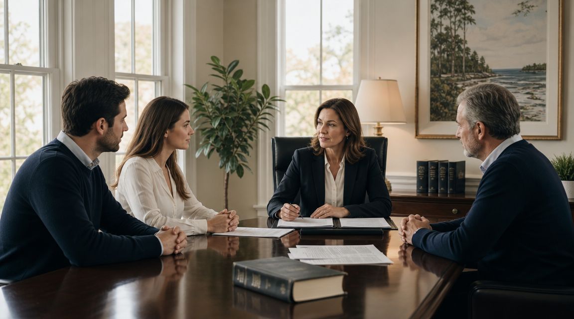 A professional lawyer consults with a couple and an older man in an office setting.