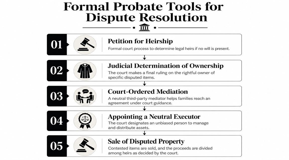 A five-step infographic outlining formal probate tools and legal processes used for resolving inheritance disputes.