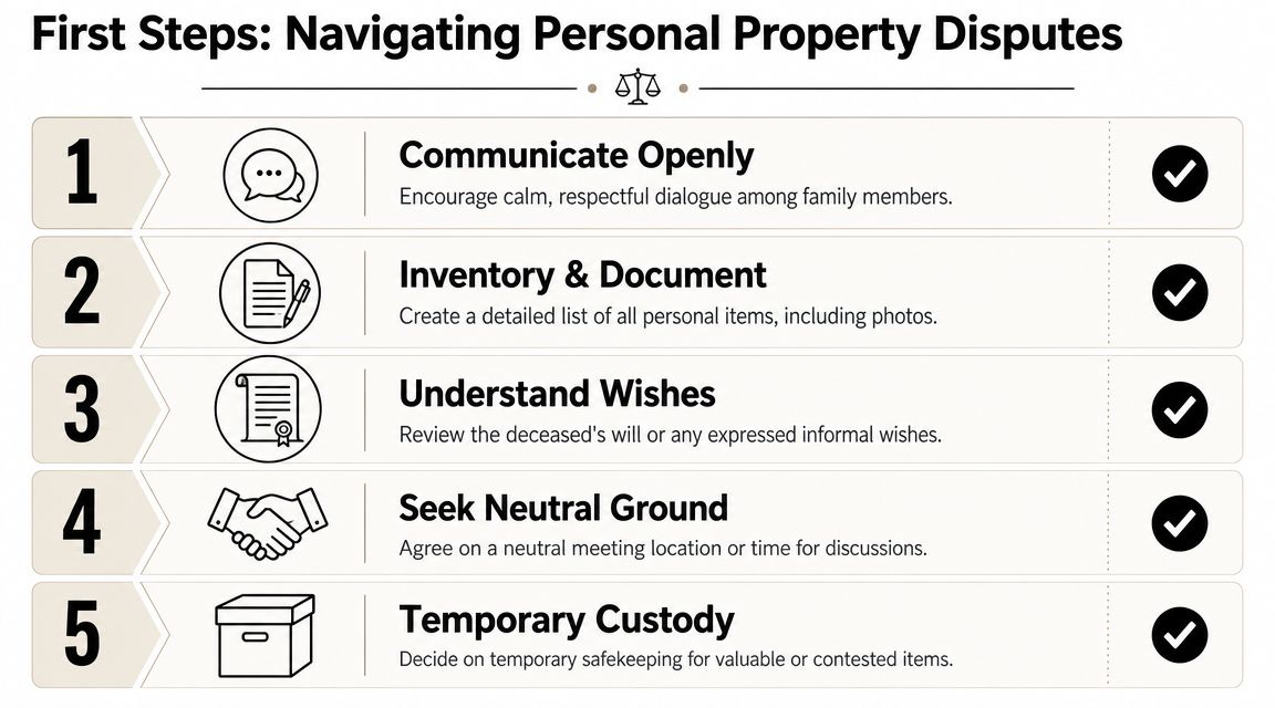An infographic titled First Steps: Navigating Personal Property Disputes listing five essential steps for resolving inheritance disagreements.