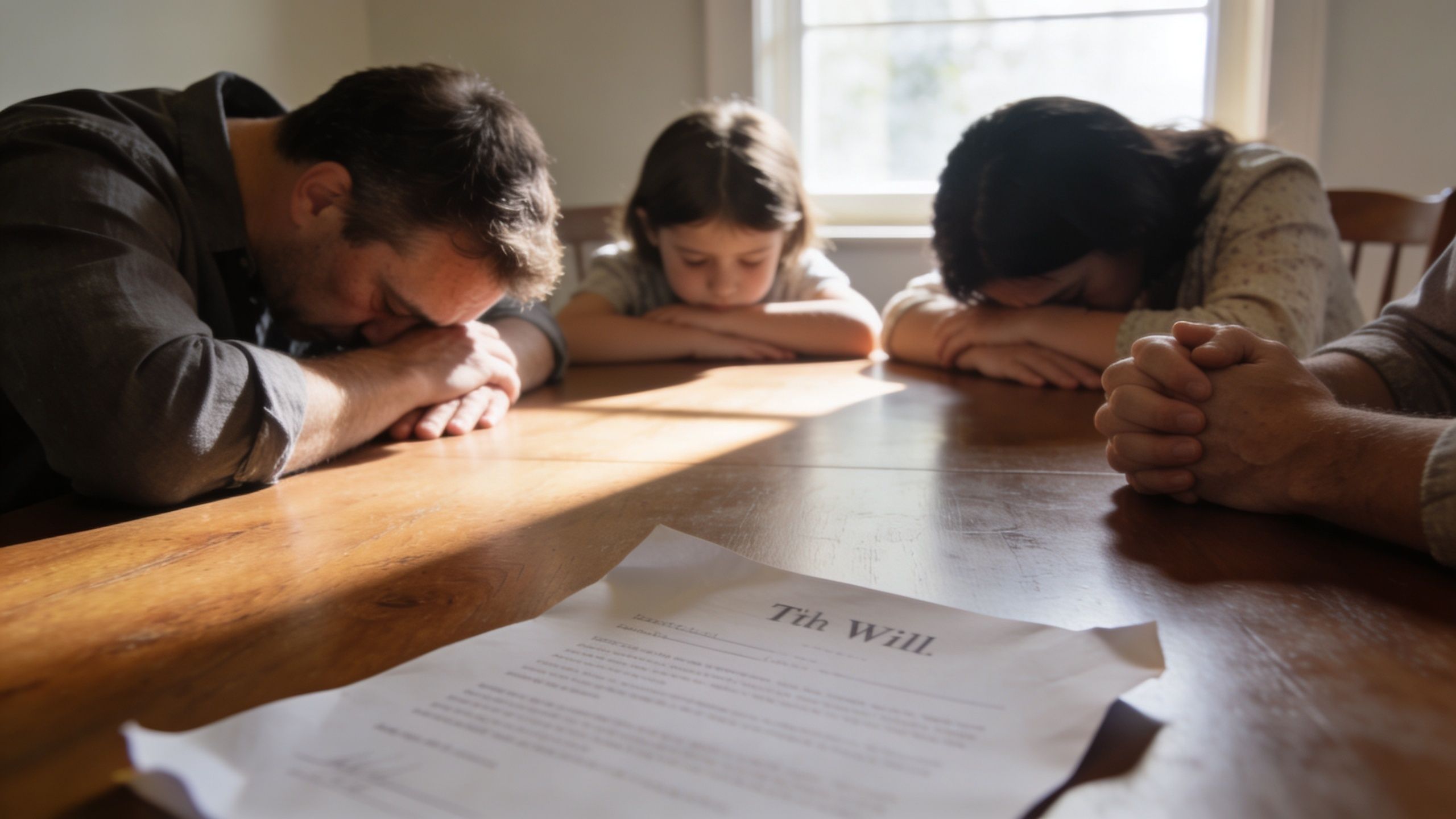 A grieving family sits around a wooden table with a document titled 'Tih Will' in front of them.