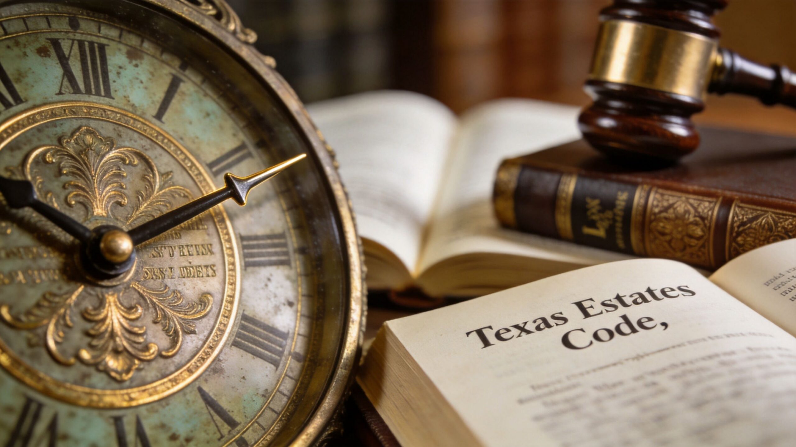 A close-up of a vintage clock next to an open book titled Texas Estates Code and a gavel.