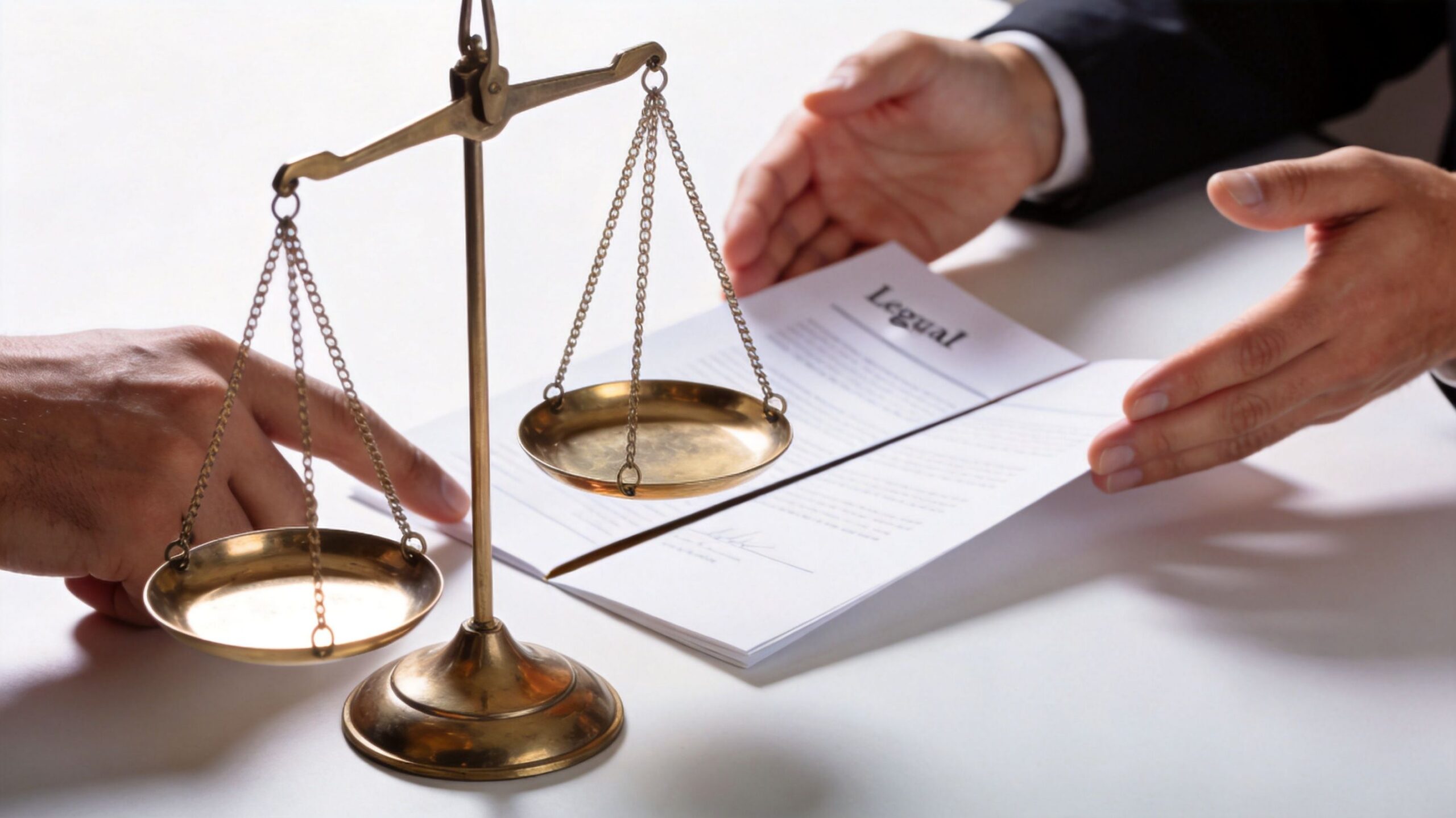 A close-up view of brass scales of justice next to legal documents being held by a lawyer.