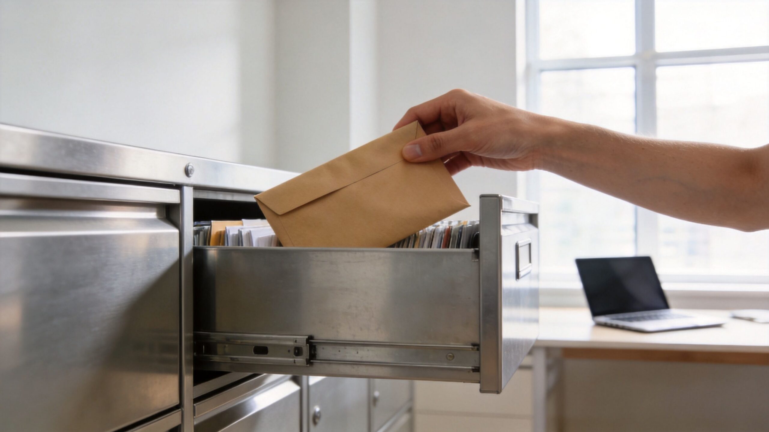 A person's hand placing a brown envelope into a metal filing cabinet drawer in an office.