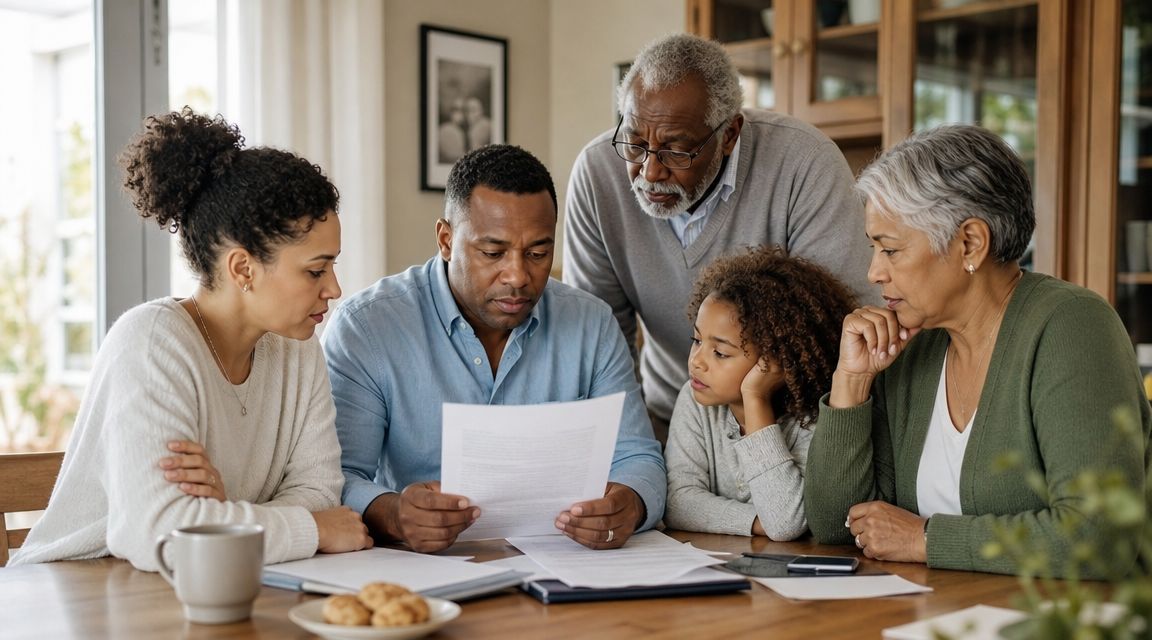 A multi-generational family sitting at a table together looking over important legal documents during a meeting.