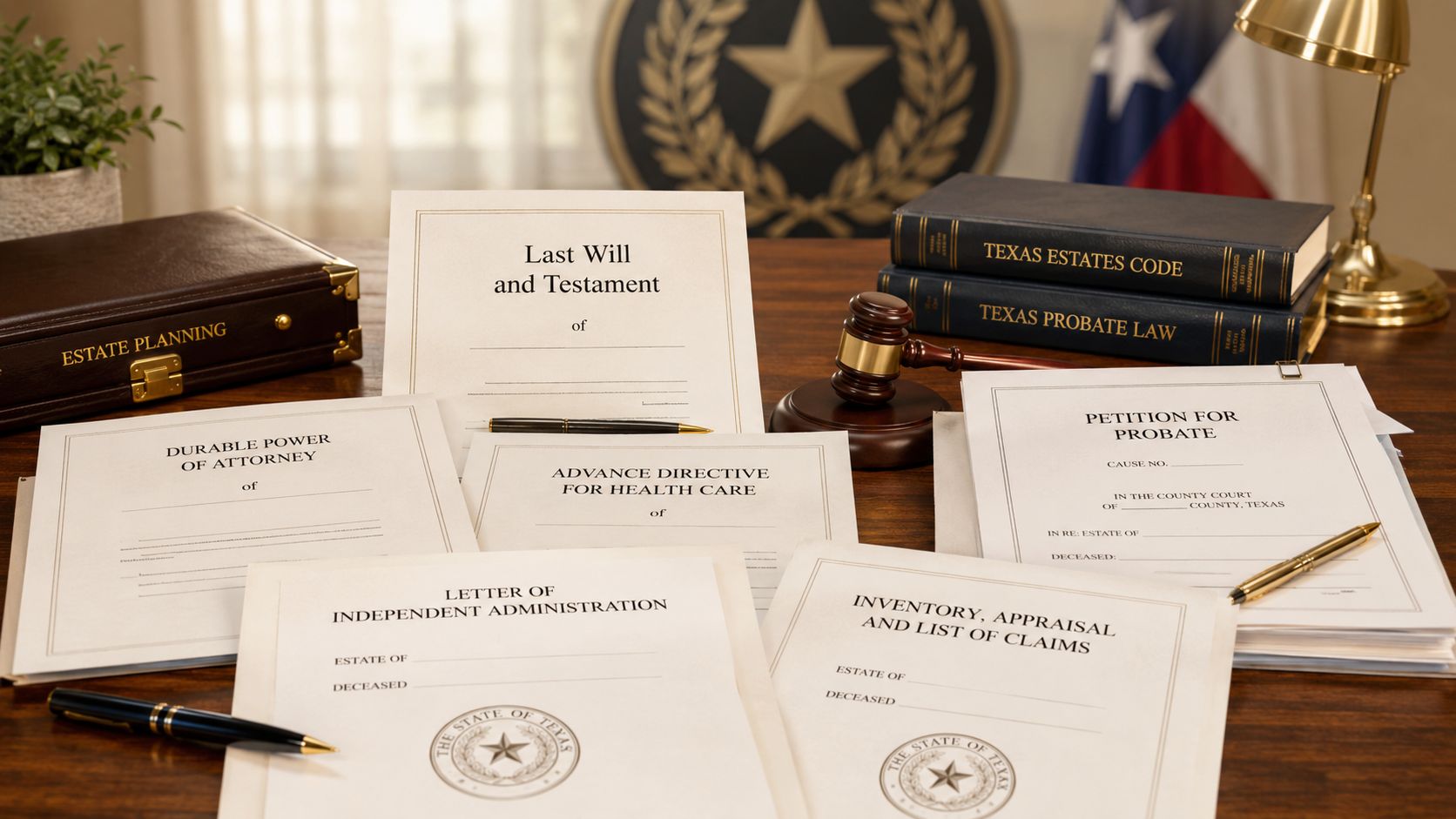 A wooden desk covered in Texas estate planning legal documents, a gavel, and probate reference books.