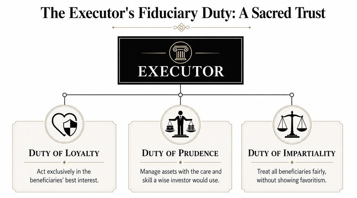 A diagram outlining the three primary fiduciary duties of an executor: loyalty, prudence, and impartiality.