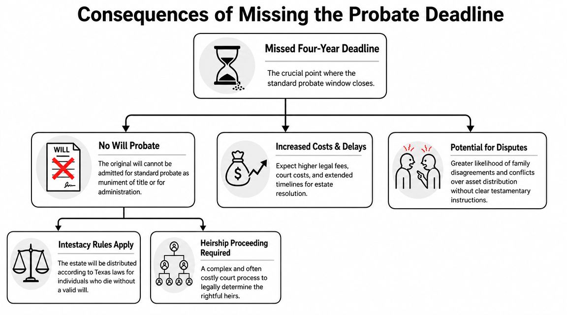 A flowchart outlining the legal consequences of failing to meet the four-year probate deadline in Texas.