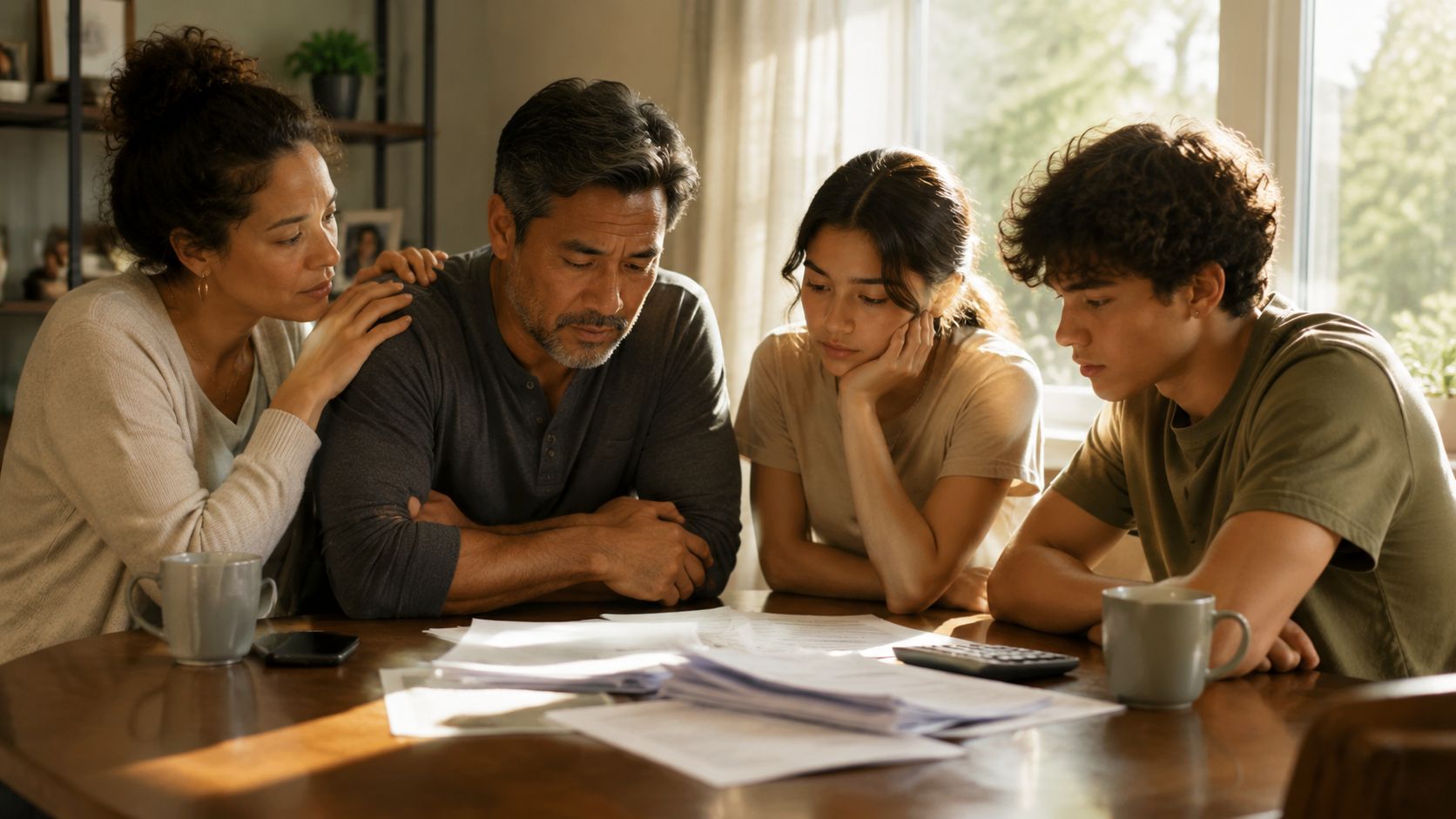 A concerned family sits around a wooden table looking over financial documents and papers with worried expressions.