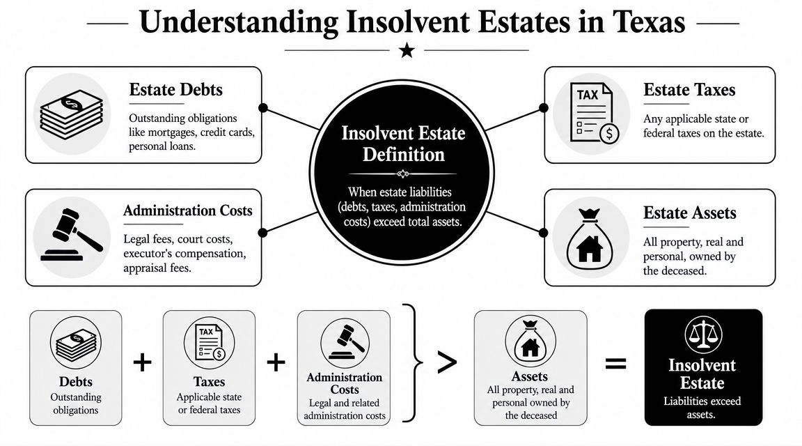 A diagram explaining the definition and components of an insolvent estate in Texas with debts, taxes, and assets.
