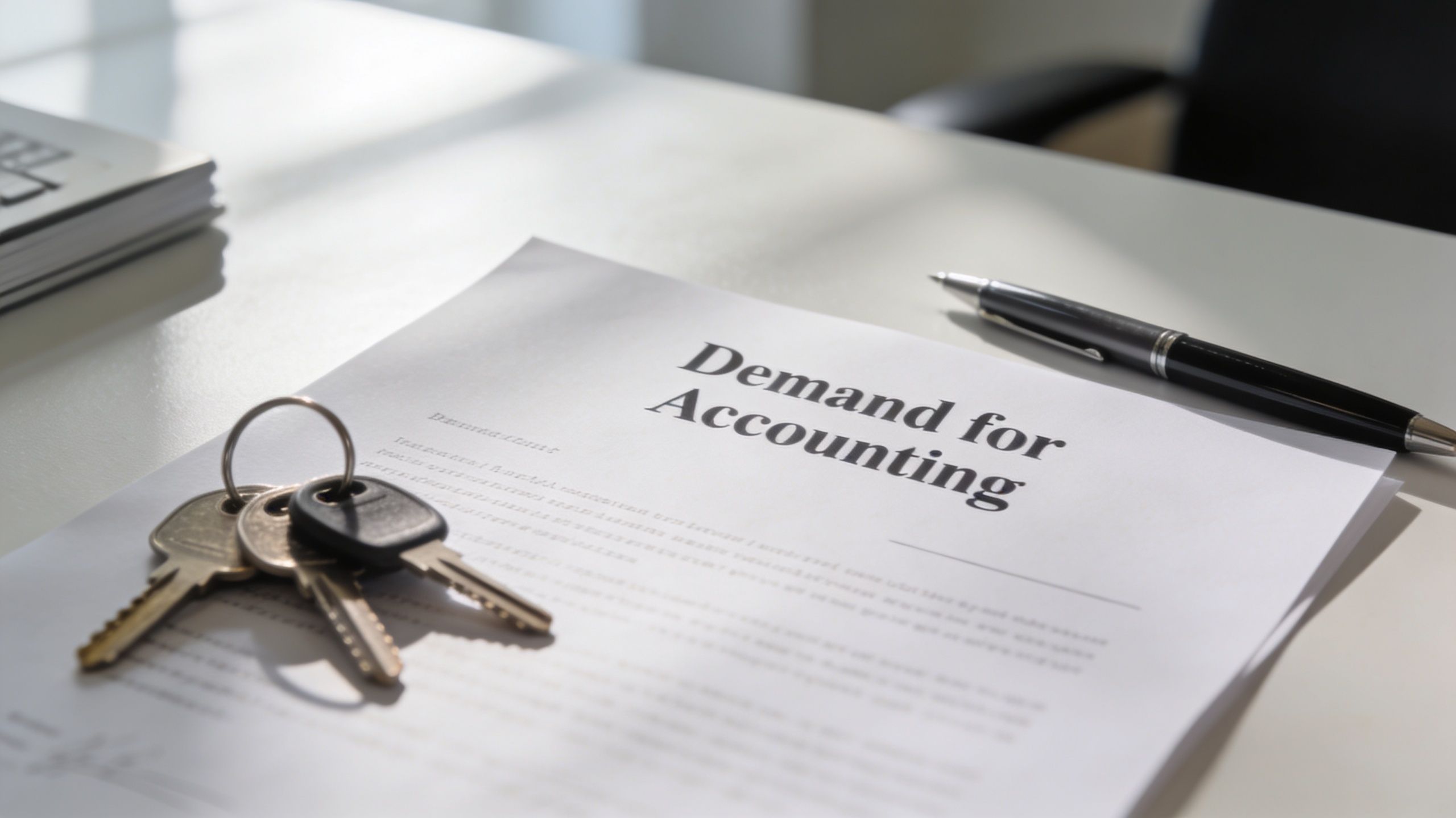 A document titled Demand for Accounting on a desk with metal keys and a black pen.