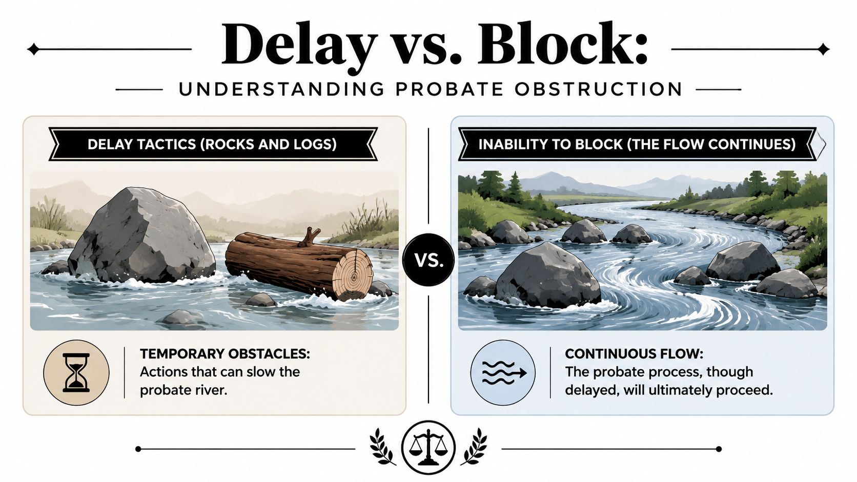 An infographic illustrating how probate obstruction by a beneficiary causes delays but cannot permanently block legal proceedings.