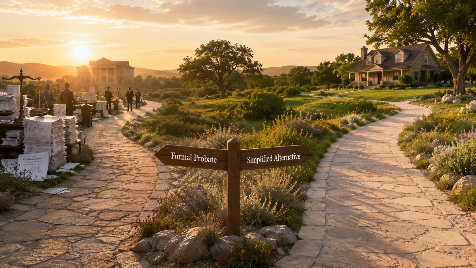 A fork in a stone path leads to either a formal probate courthouse or a simplified alternative home.