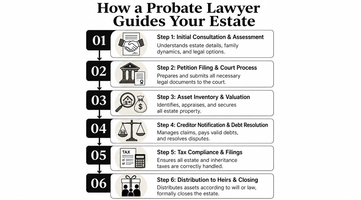 A six-step infographic illustrating the professional guidance a probate lawyer provides during the estate administration process.