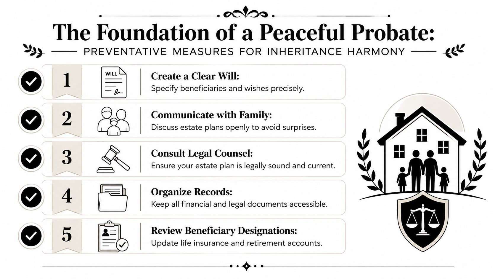 An infographic titled The Foundation of a Peaceful Probate outlining five essential steps for estate planning success.
