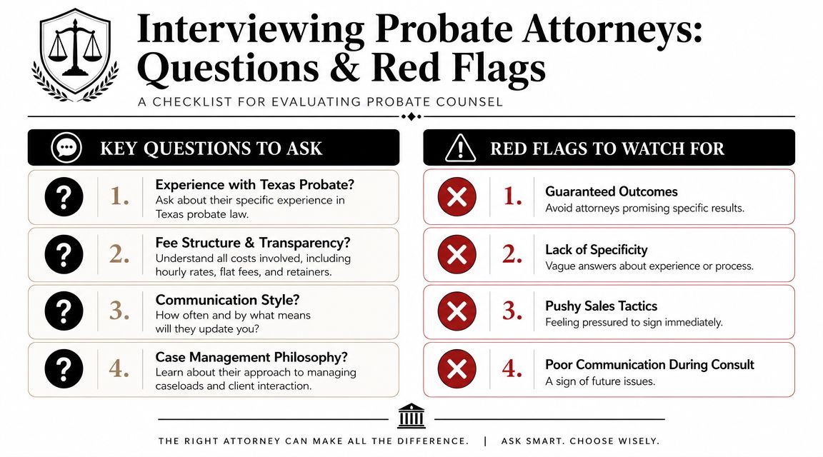 An infographic checklist for interviewing and evaluating probate attorneys in Texas, highlighting key questions and red flags.