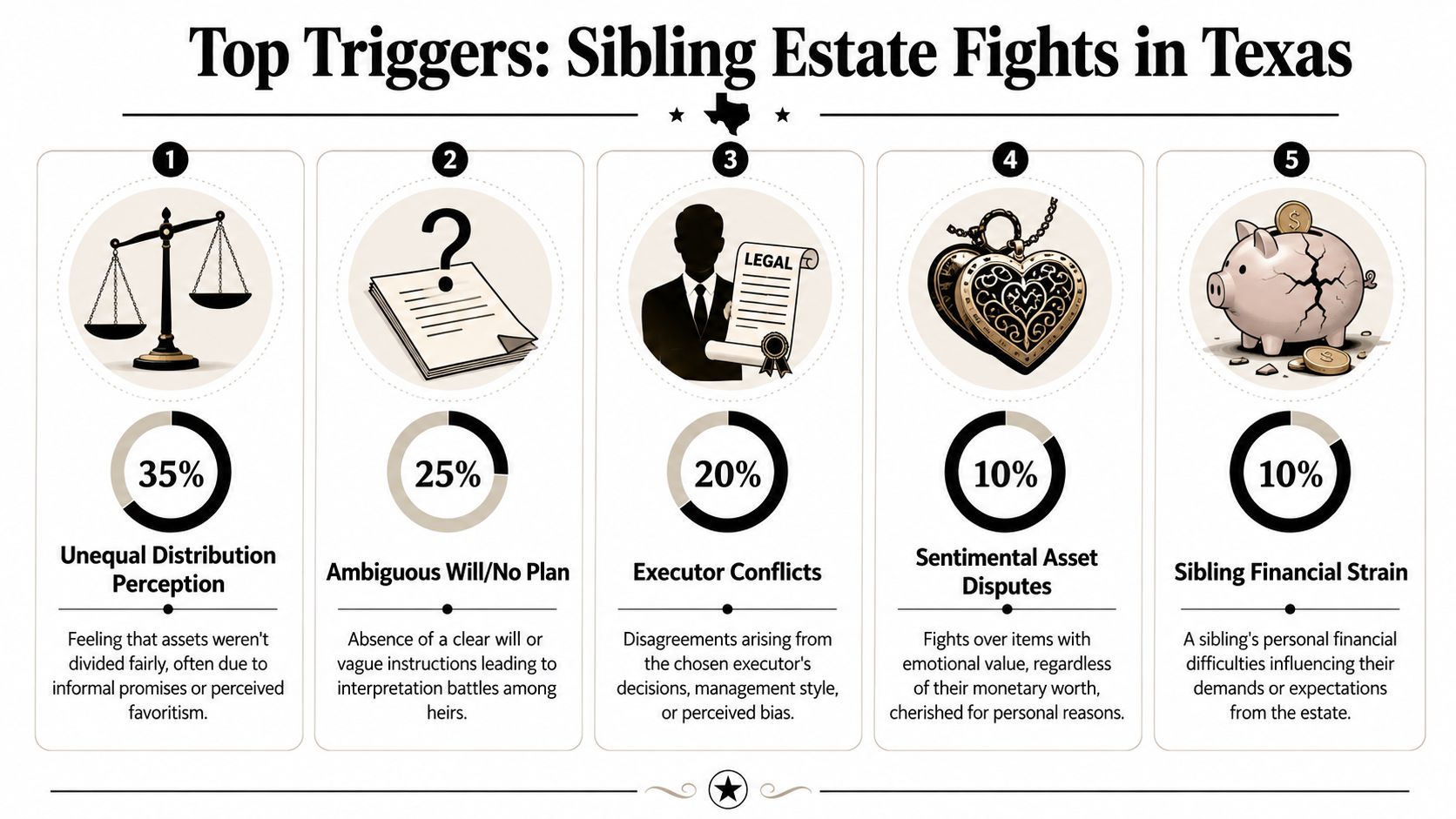 An infographic titled Top Triggers: Sibling Estate Fights in Texas, illustrating five main causes of inheritance disputes.