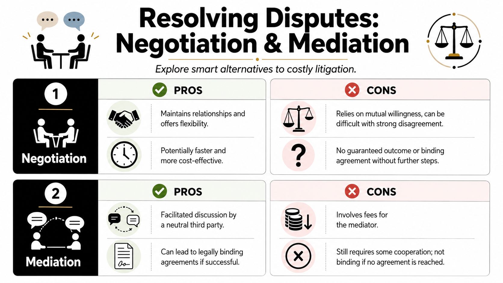 A diagram comparing the pros and cons of negotiation and mediation as alternatives to litigation.