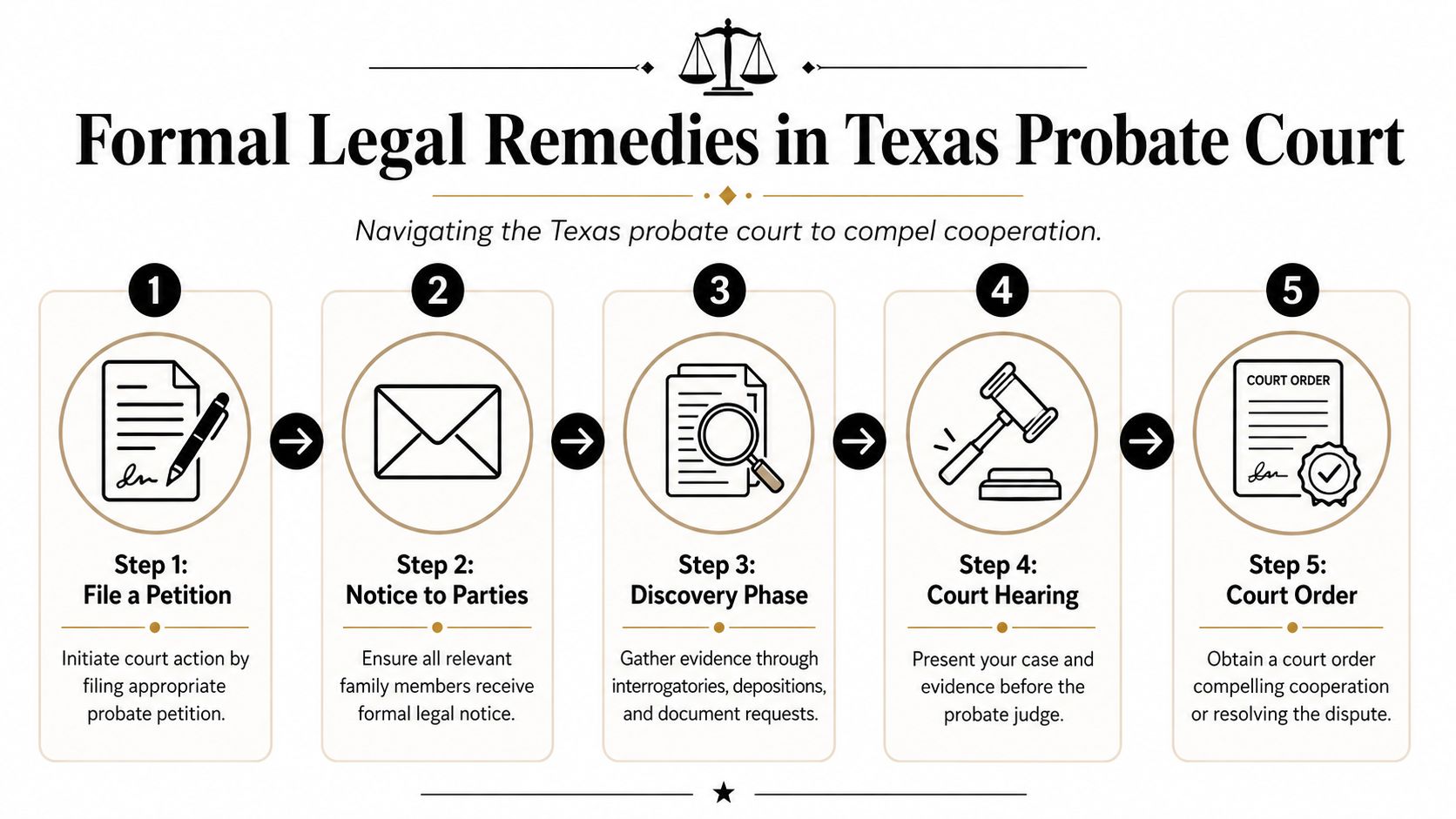 A five-step flowchart outlining the legal process for resolving disputes in Texas probate court.