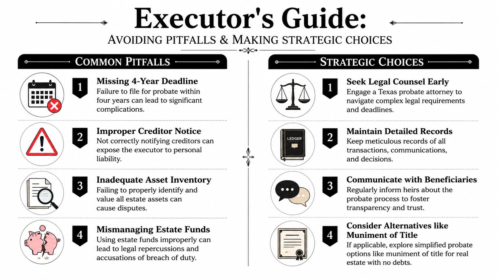 An educational infographic outlining common pitfalls and strategic choices for executors navigating the probate process.
