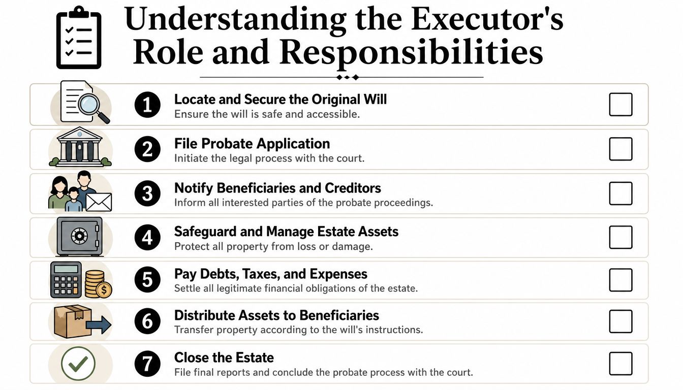A checklist infographic detailing the seven key responsibilities of an estate executor during the probate process.
