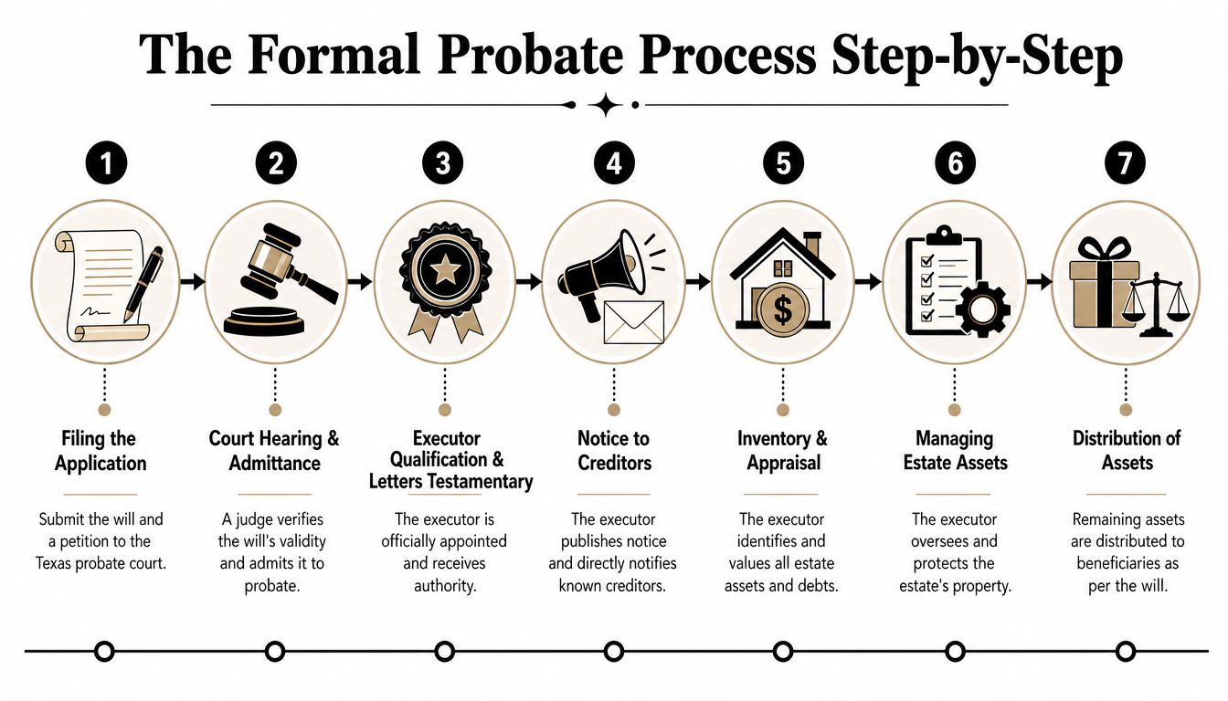 A step-by-step infographic illustrating the seven stages of the formal probate process in a Texas court.