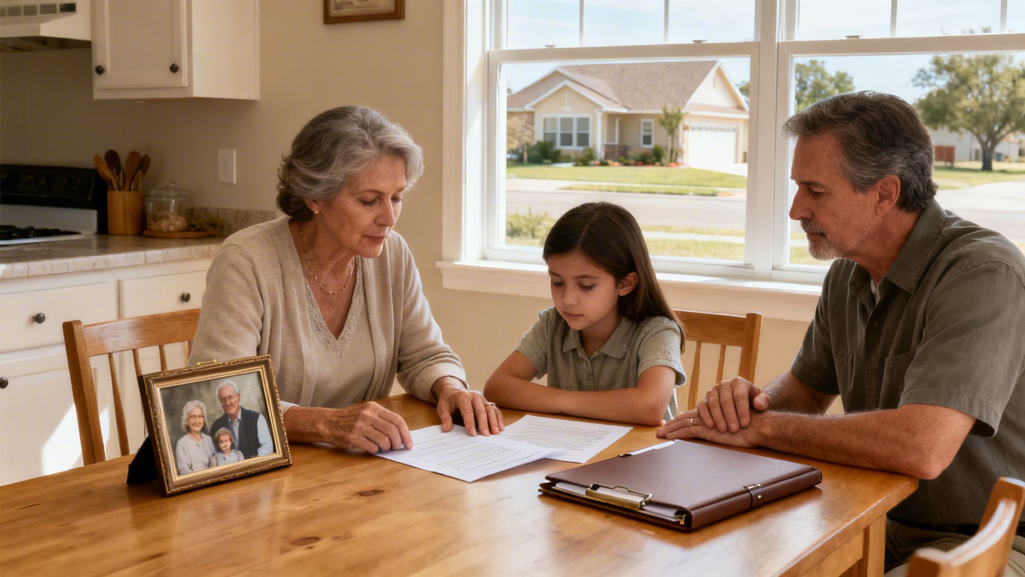 Grandparents and granddaughter review documents at a kitchen table with a framed family photo.