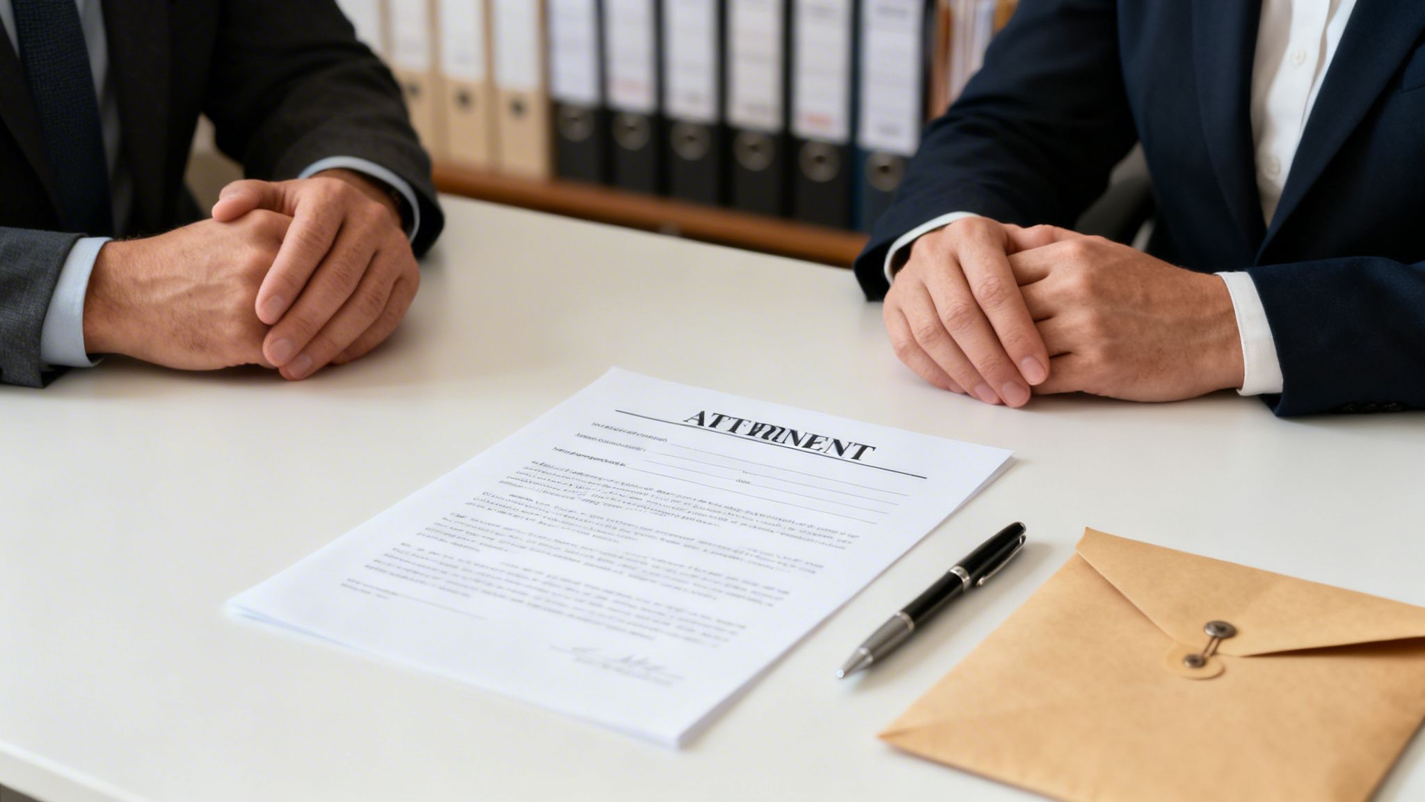 Two professionals in suits sit at a desk with a legal document titled 'ATTAINMENT,' a pen, and an envelope.