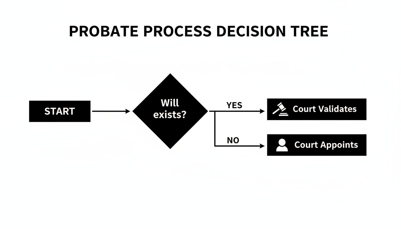 A flowchart outlining the probate process decision tree, detailing actions based on whether a will exists.