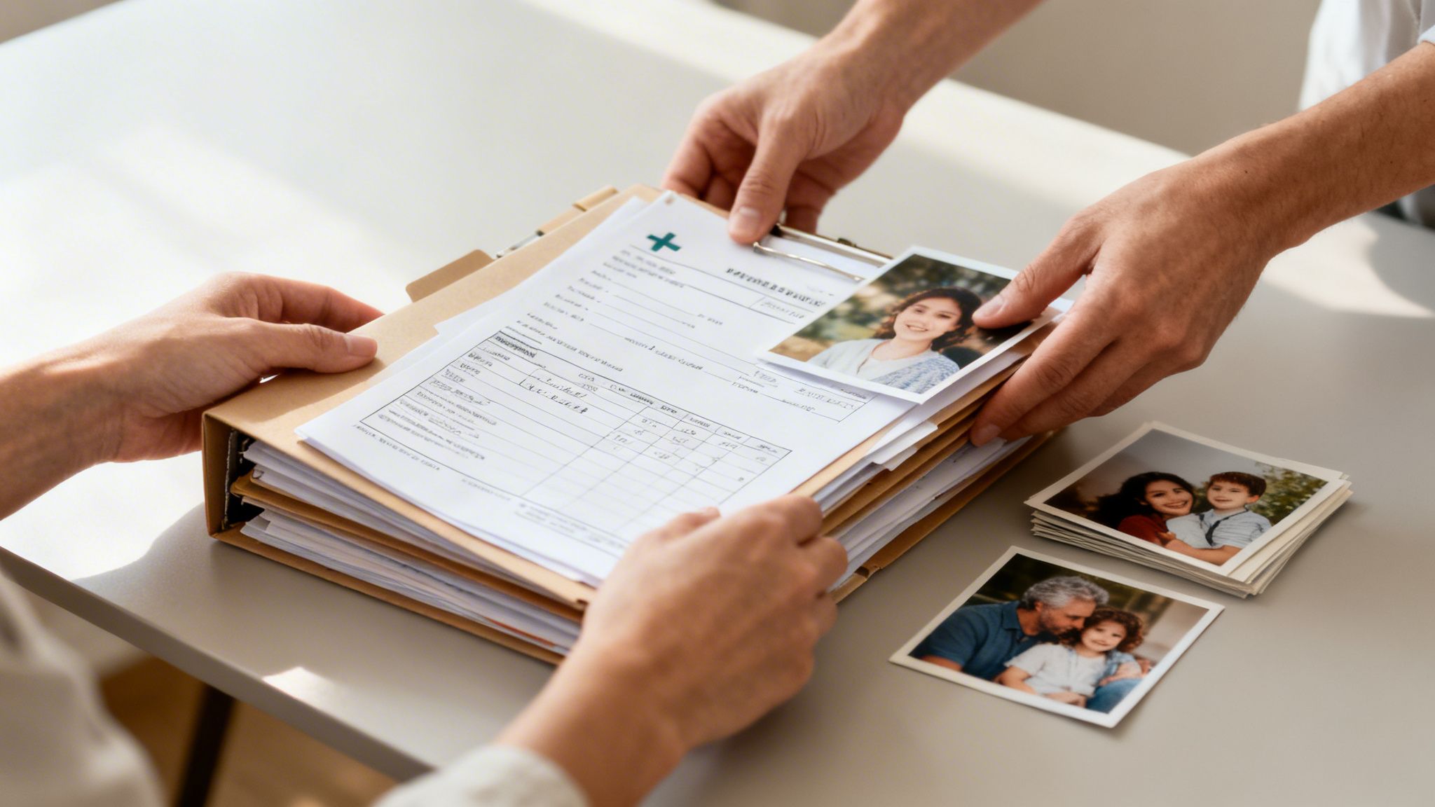 Hands exchanging a folder of documents and family photos, suggesting legal or personal matters.