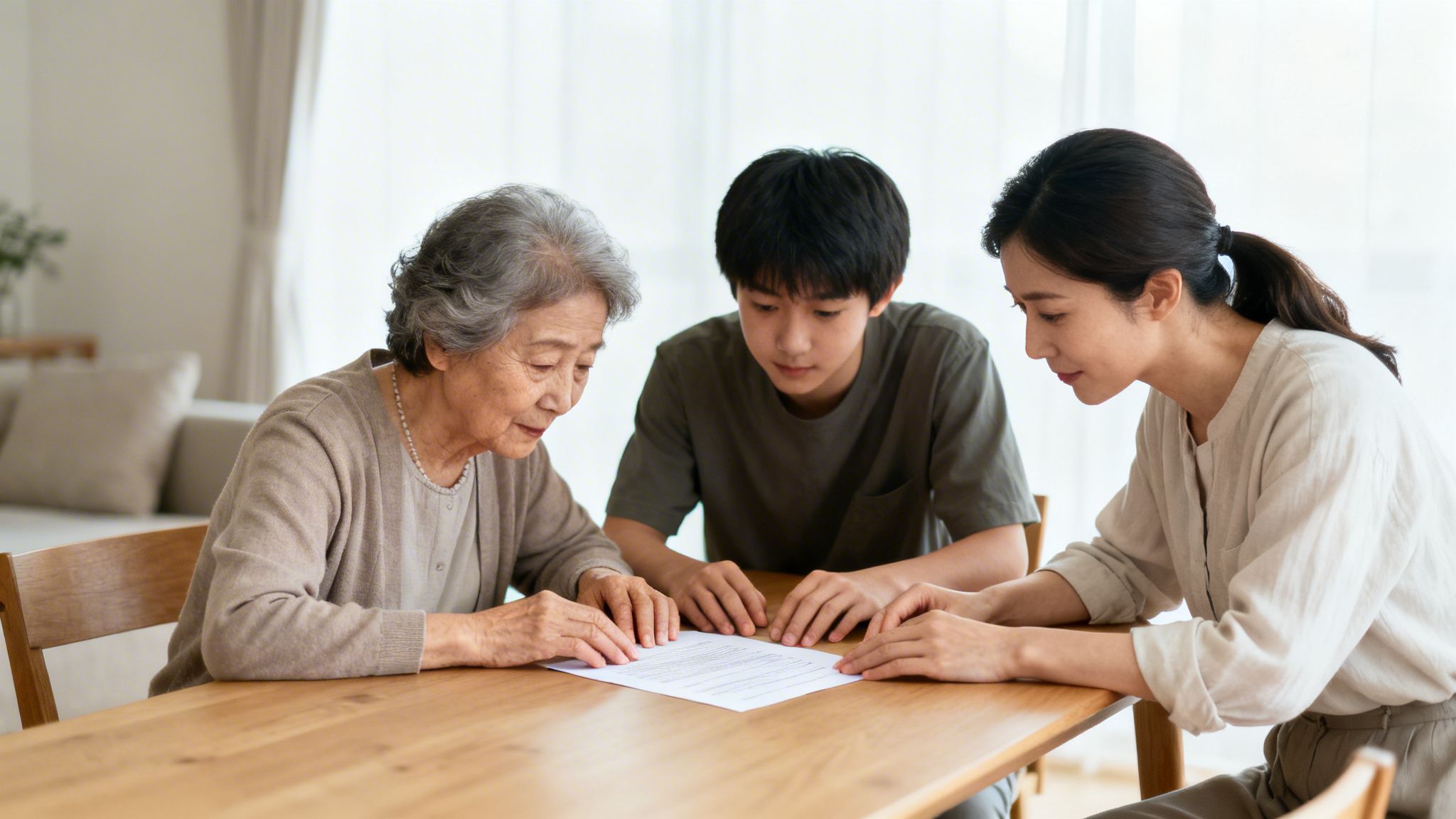 Three generations of a family reviewing important documents together at a wooden table.