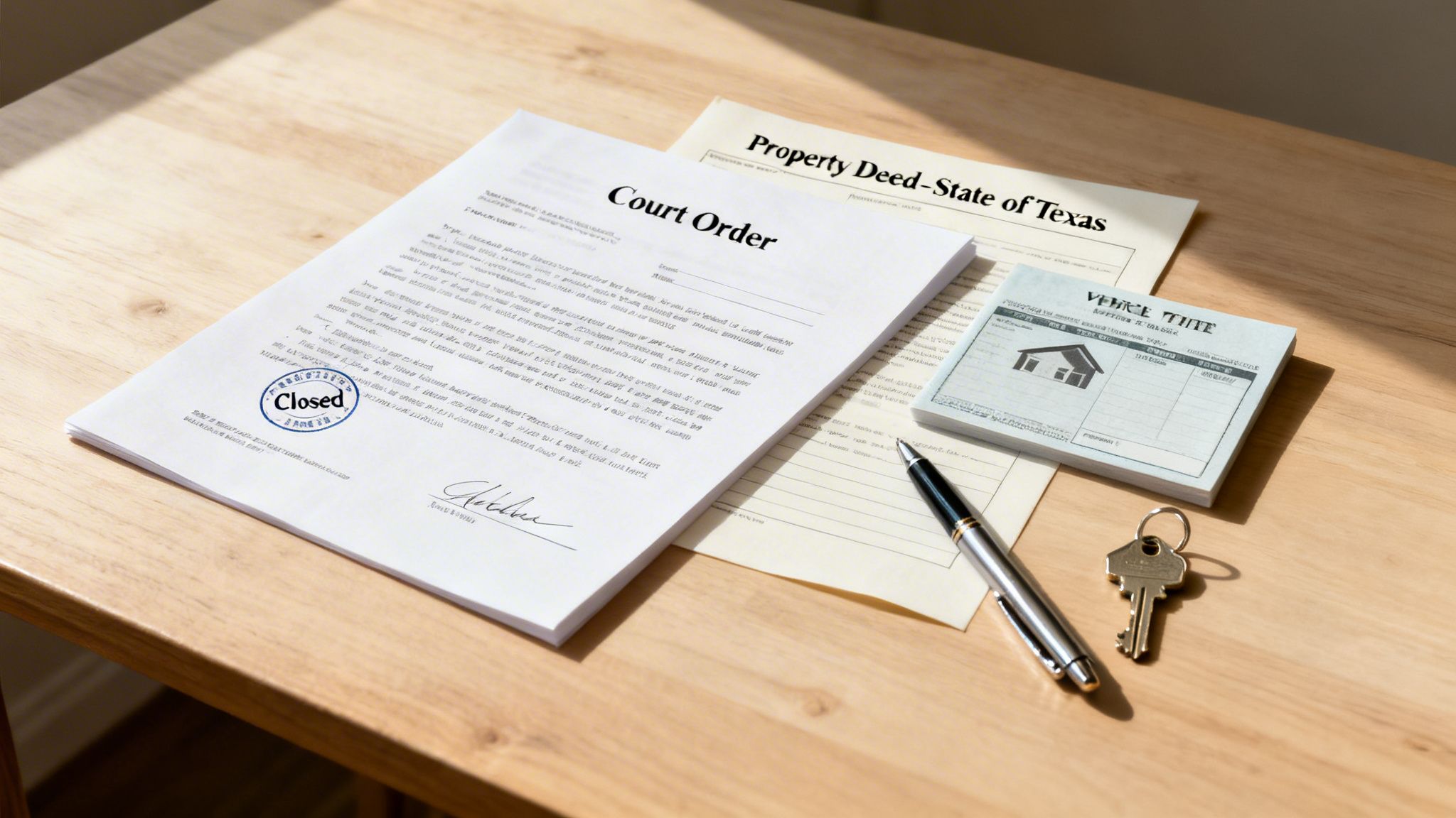 A desk with legal documents including a court order, property deed, and vehicle title, along with a pen and keys.