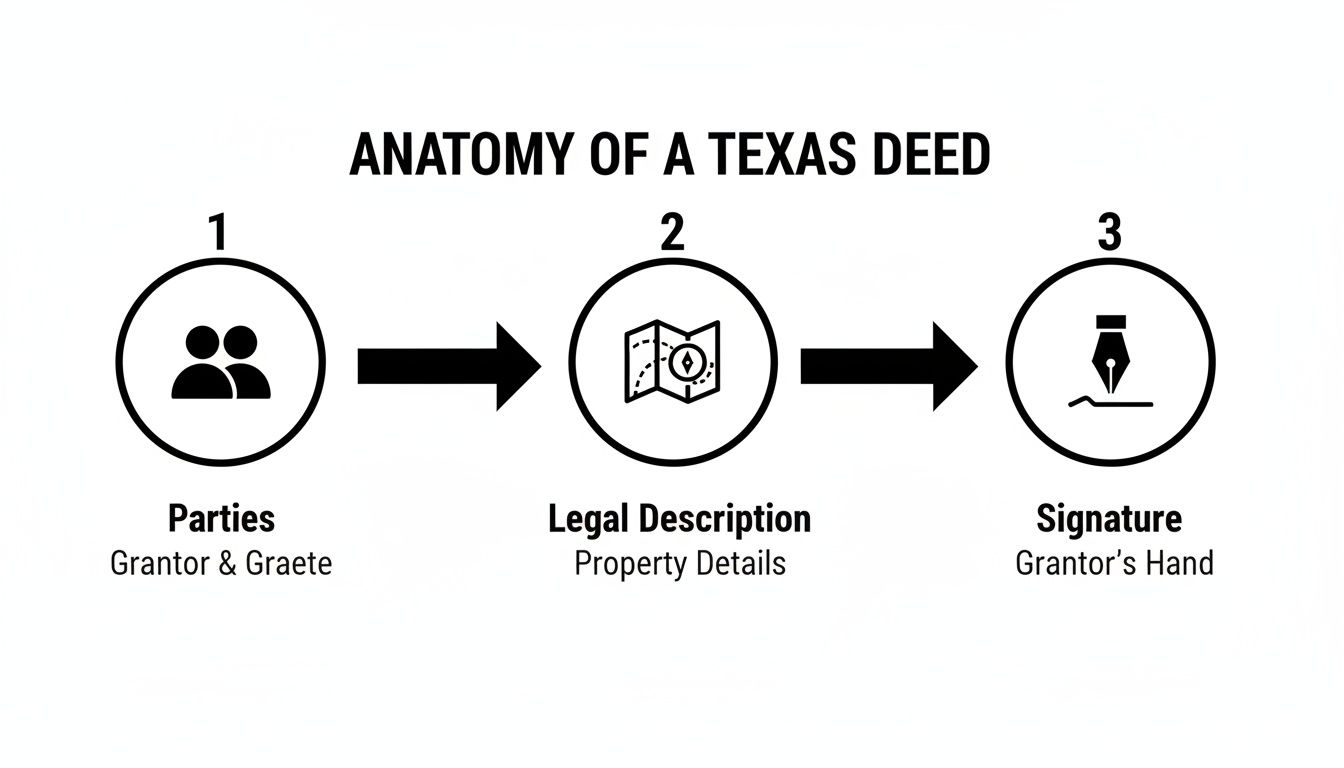 A diagram illustrates the anatomy of a Texas deed, outlining the three key components: parties, legal description, and signature.
