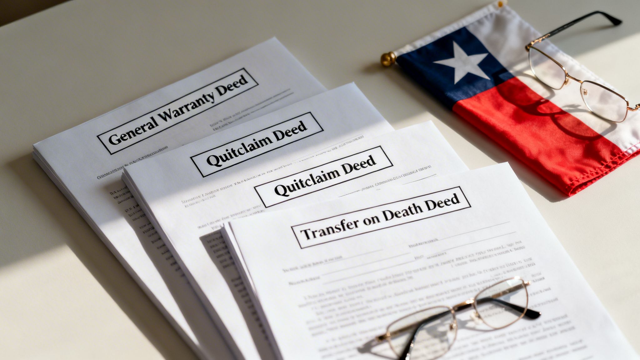Close-up of various legal deed documents, a Texas flag, and reading glasses on a table.