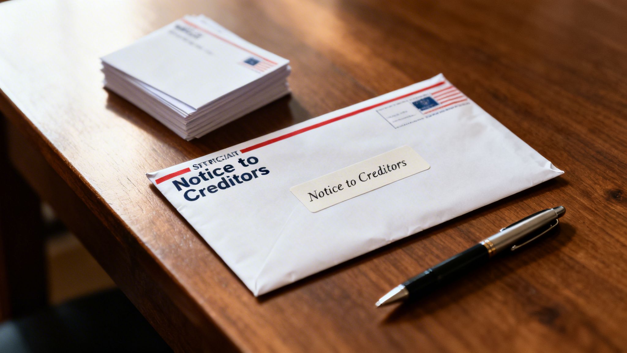 A large 'Notice to Creditors' envelope, a pen, and a stack of envelopes on a wooden table.
