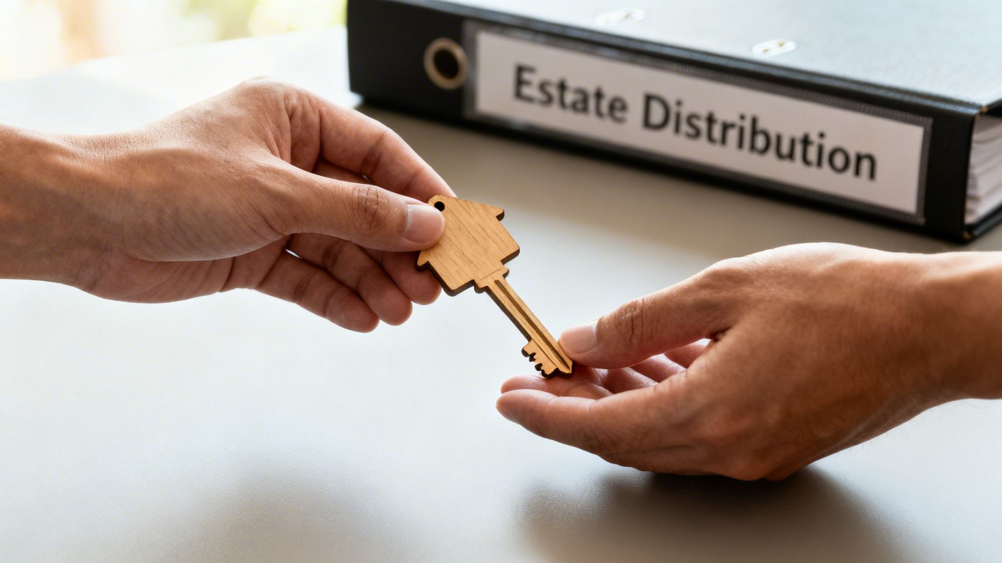 Two hands exchanging a house key, symbolizing property transfer, with an 'Estate Distribution' binder visible.
