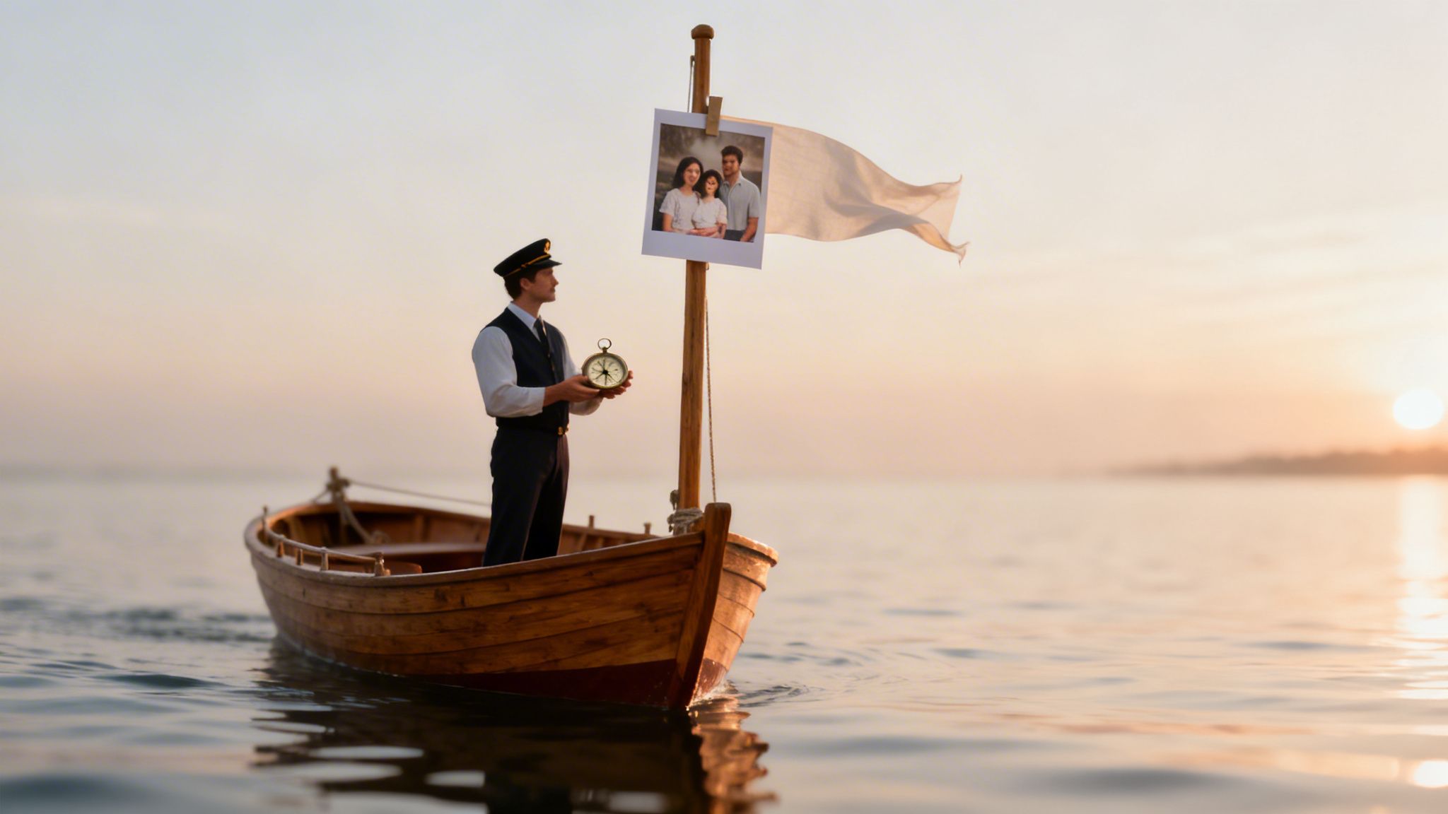 A man in a captain's uniform holds a compass in a boat with a family photo flag at sunset.