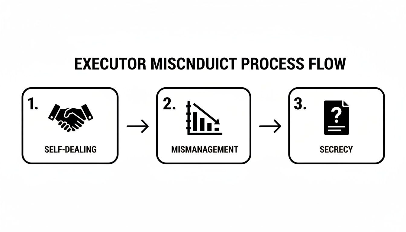 A diagram illustrates the executor misconduct process flow: self-dealing, mismanagement, and secrecy.
