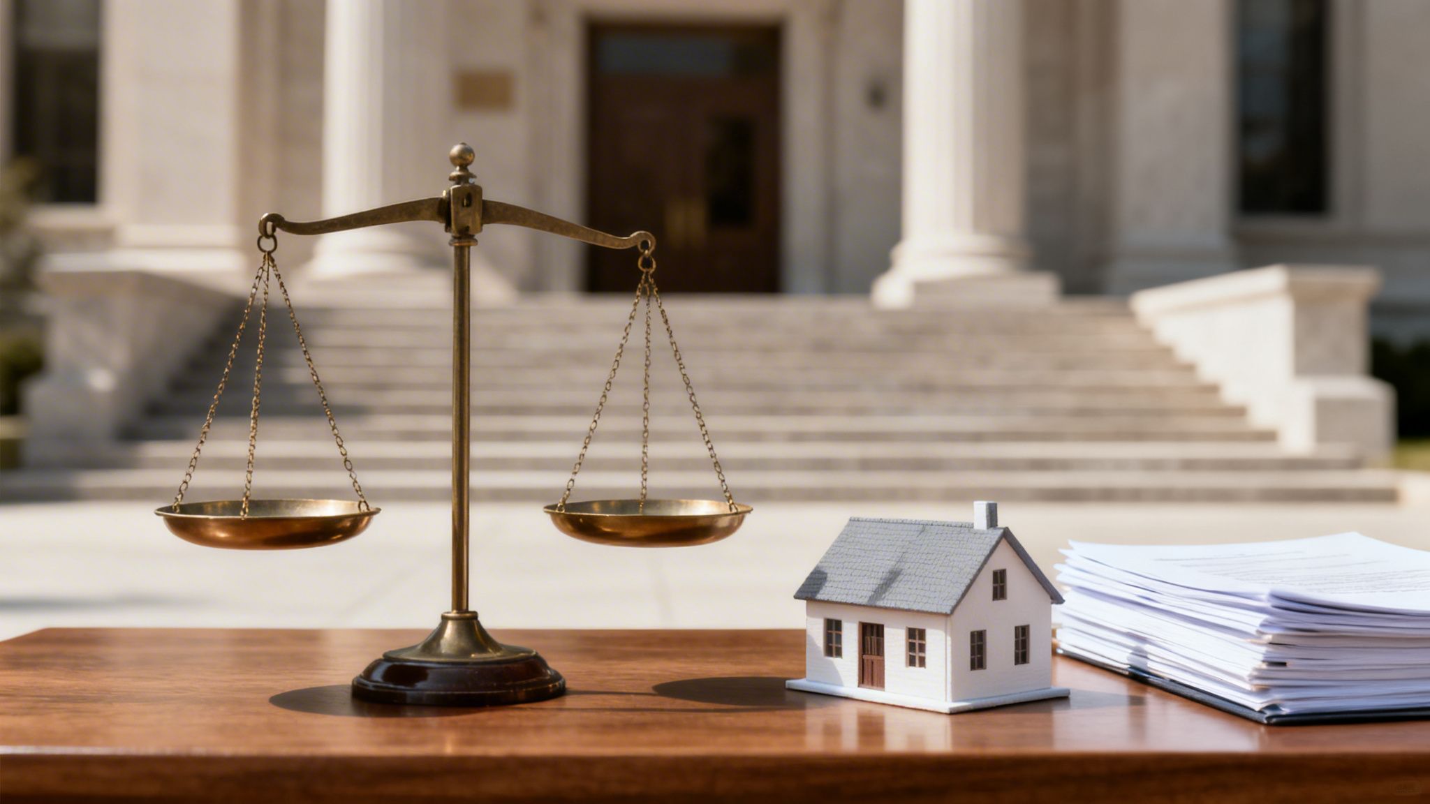 Scales of justice, miniature house, and documents on a table with a courthouse in the background.